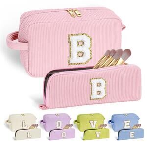 New Pink Corduroy Personalized "B" Travel Makeup Bag